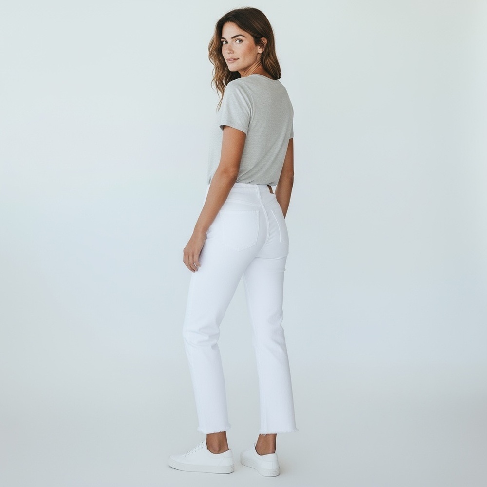 Paige Skyline Skinny Jeans White Raw Hem Mid Rise